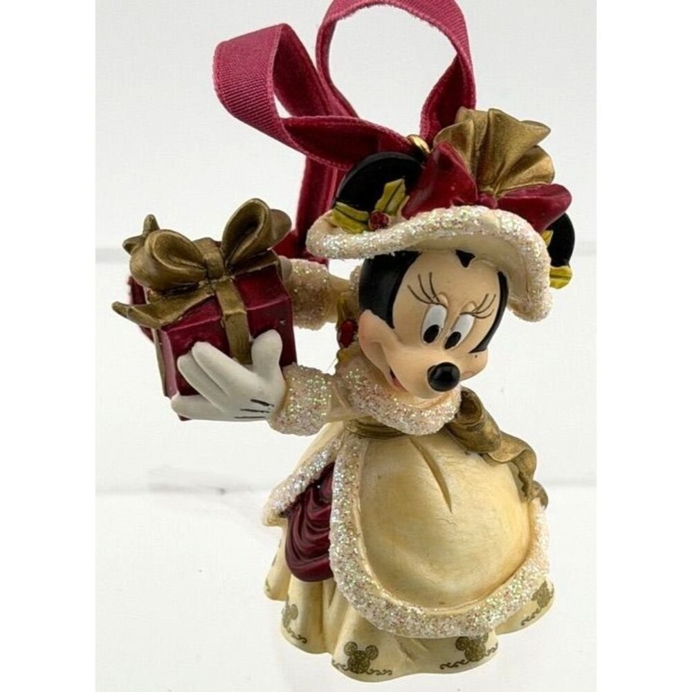 Vintage Ornament Christmas Disney Minnie Mouse Victorian Dress Holding Gift